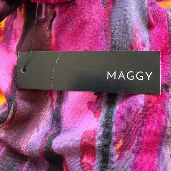 MAGGY LONDON TWIST FRONT ASYMMETRIC HEM MIDI DRESS IN BERRY MULTI NWT SIZE 14W - Picture 14 of 16